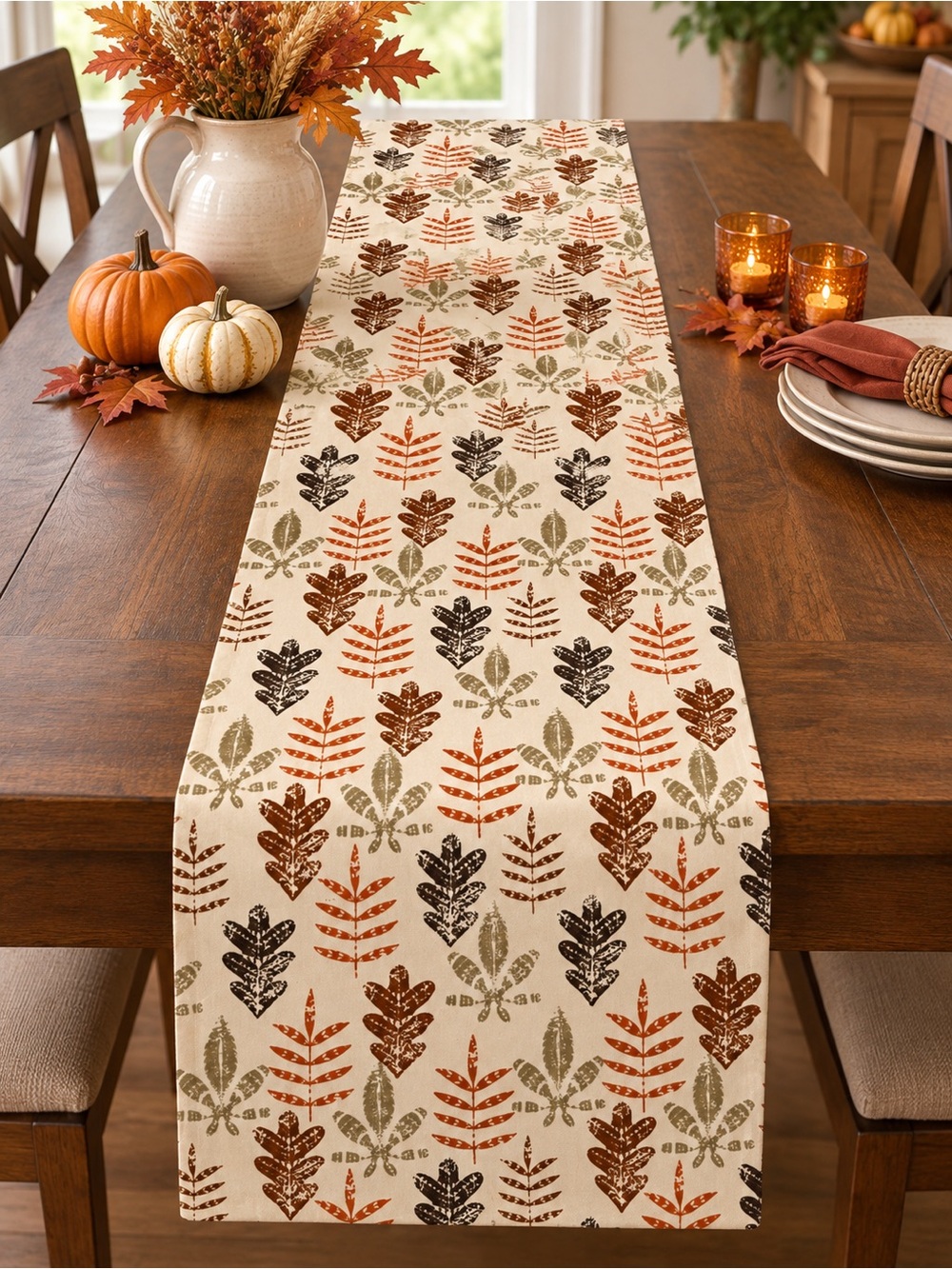 Batik Style Fall Leaf Table Runner 14x72 Harvest Thanksgiving